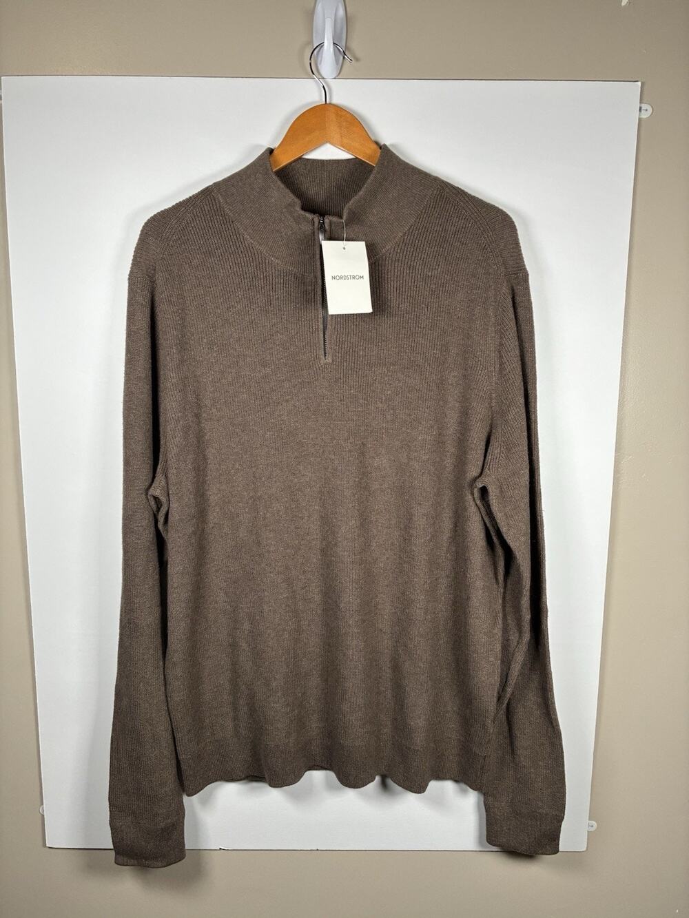 Nordstrom 2XL NWT Cotton Cashmere Quarter Zip Sweater Brown Marl Mock Neck Mens